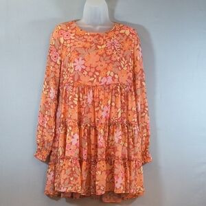 Dress Up Women's Pink/Orange Floral Long Sleeve Mini Dress S- S